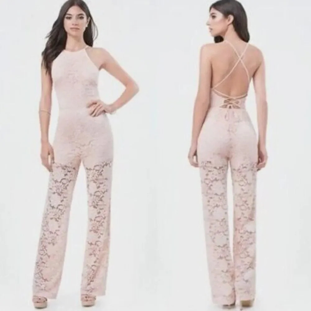 Bebe Blush Pink High Neck Lace Open Back Jumpsuit 12